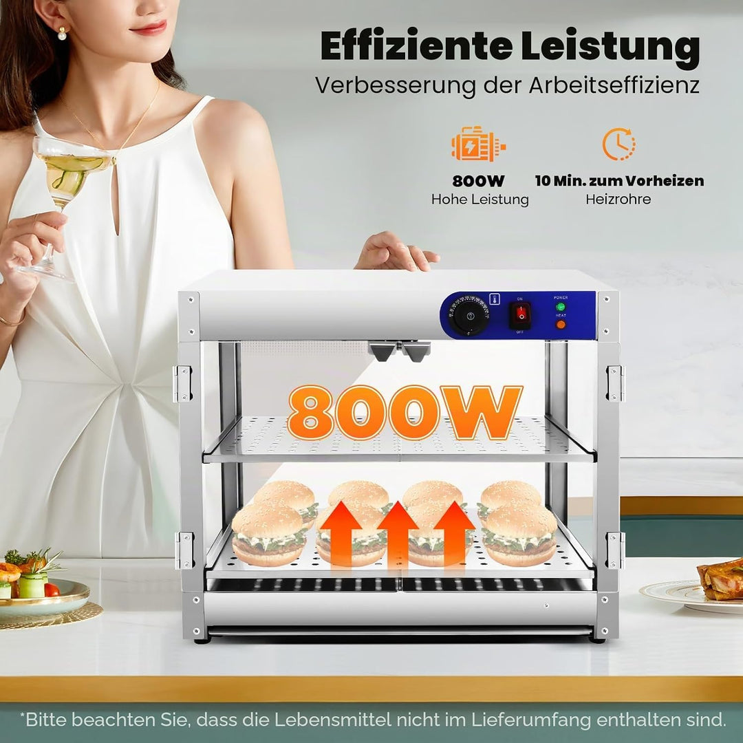 2 Etagen Warmhaltevitrine, 800W Edelstahl Vitrine Heisse Theke Gewerblicher Speisenwärmer, Wärmebehä