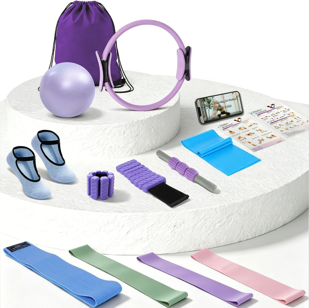 【Pilates Ring Set】 14 Zoll Magic Circle mit Dual Padded Handles, Pilates Mini Ball und Resistance Ba