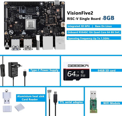 GeeekPi VisionFive2 8GB Starter Kit,VisionFive2 RISC-V Single Board Computer,StarFive JH7110 Process