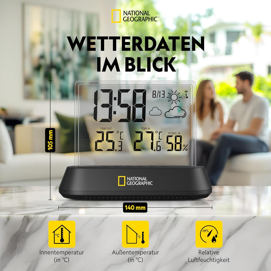 National Geographic 9070300 Wetterstation Funk mit Aussensensor in transparentem Design mit Anzeige