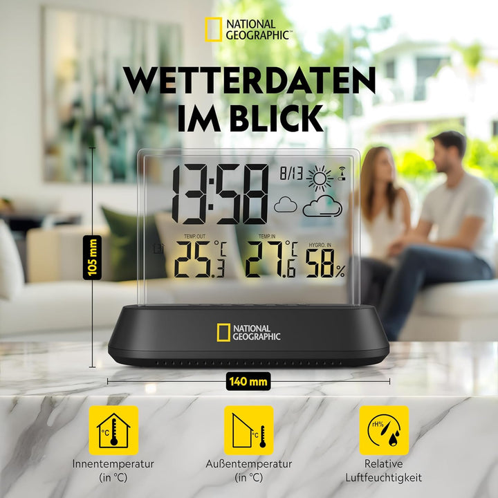 National Geographic 9070300 Wetterstation Funk mit Aussensensor in transparentem Design mit Anzeige
