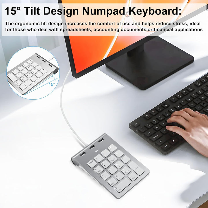 Numeric Keypad Wired Numpad, USB A/USB C Ziffernblock Ergonomischer Mini Nummernblock mit 3 USB 2.0