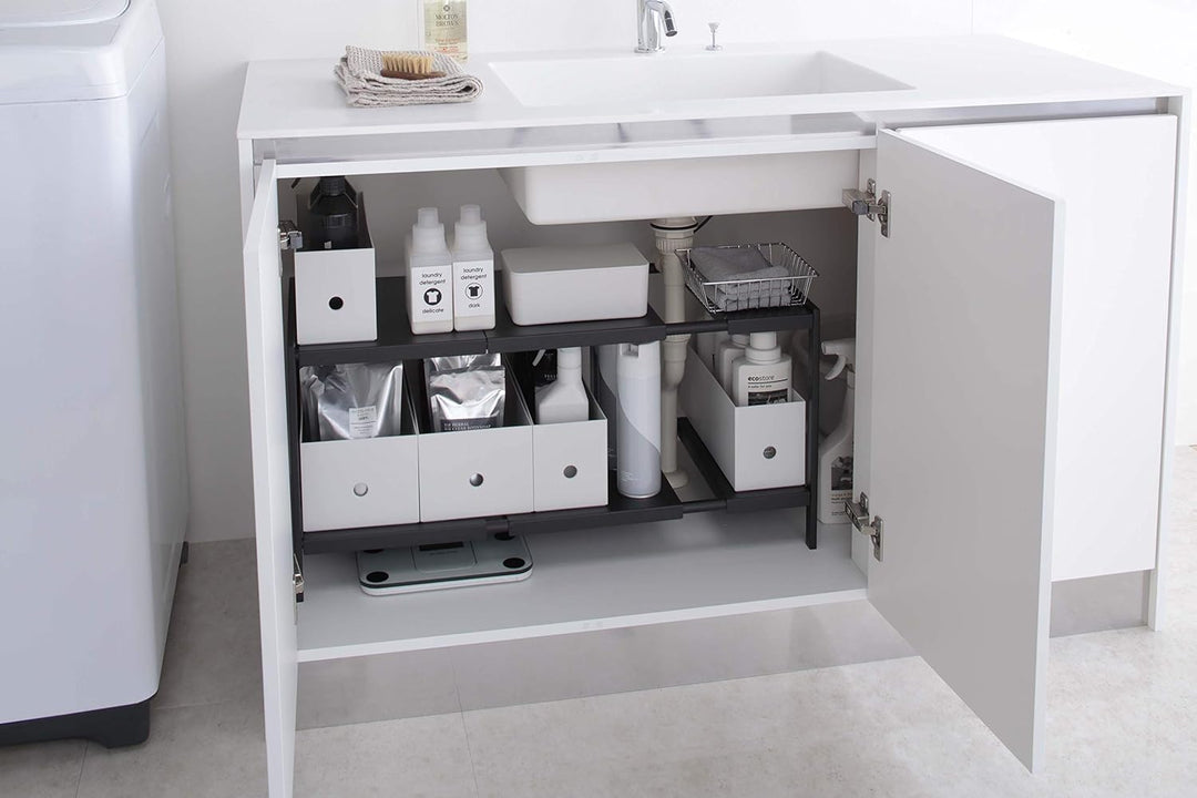 Yamazaki 4949 TOWER Ausziehbarer Organizer mit 2 Ebenen, schwarz, Stahl, Minimalistisches Design