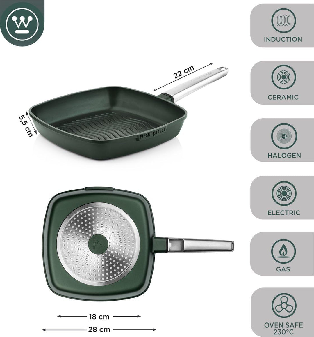 Westinghouse PERFORMANCE SERIES Grillpfanne, Grosse Bratpfanne 28 cm mit Edelstahl-Griff für Indukti