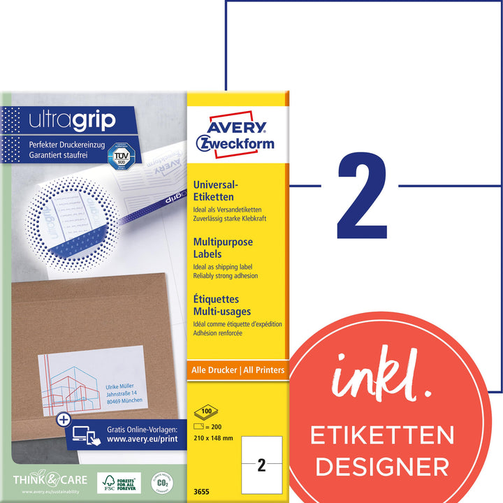AVERY Zweckform 3655 Universal Etiketten (200 Klebeetiketten, 210x148mm auf A4, bedruckbare Versande
