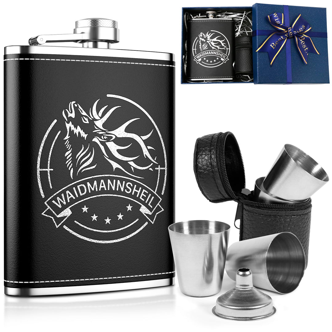 LILABIENE Jäger Flachmann Geschenk Set mit Gravur 304 Edelstahl 230ml | Mit Lederbezug, Mit Geschenk