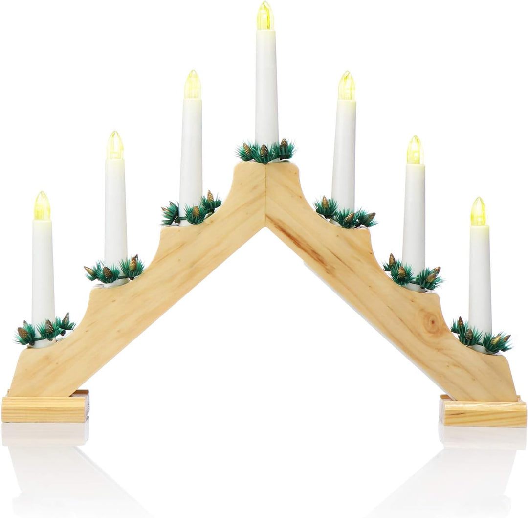 COM-FOUR® LED Schwibbogen als Weihnachtsbeleuchtung - Kerzenbrücke mit 7 LEDs - Lichterbogen Pyramid