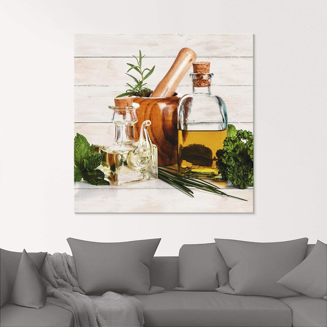 ARTland Glasbilder Wandbild Glas Bild einteilig 50x50 cm Quadratisch Stillleben Olivenöl Kräuter Gew