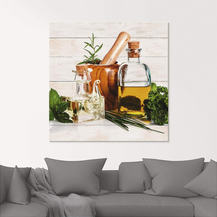 ARTland Glasbilder Wandbild Glas Bild einteilig 50x50 cm Quadratisch Stillleben Olivenöl Kräuter Gew