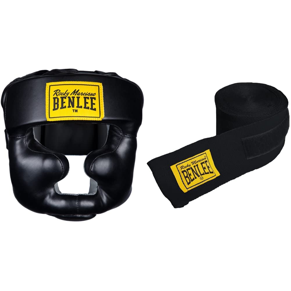 BENLEE Kopfschutz aus Kunstleder Full Protection Schwarz S/M Bundle mit Boxbandagen, Schwarz, 3m, Sc