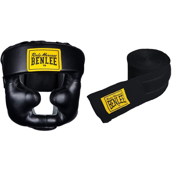 BENLEE Kopfschutz aus Kunstleder Full Protection Schwarz S/M Bundle mit Boxbandagen, Schwarz, 3m, Sc