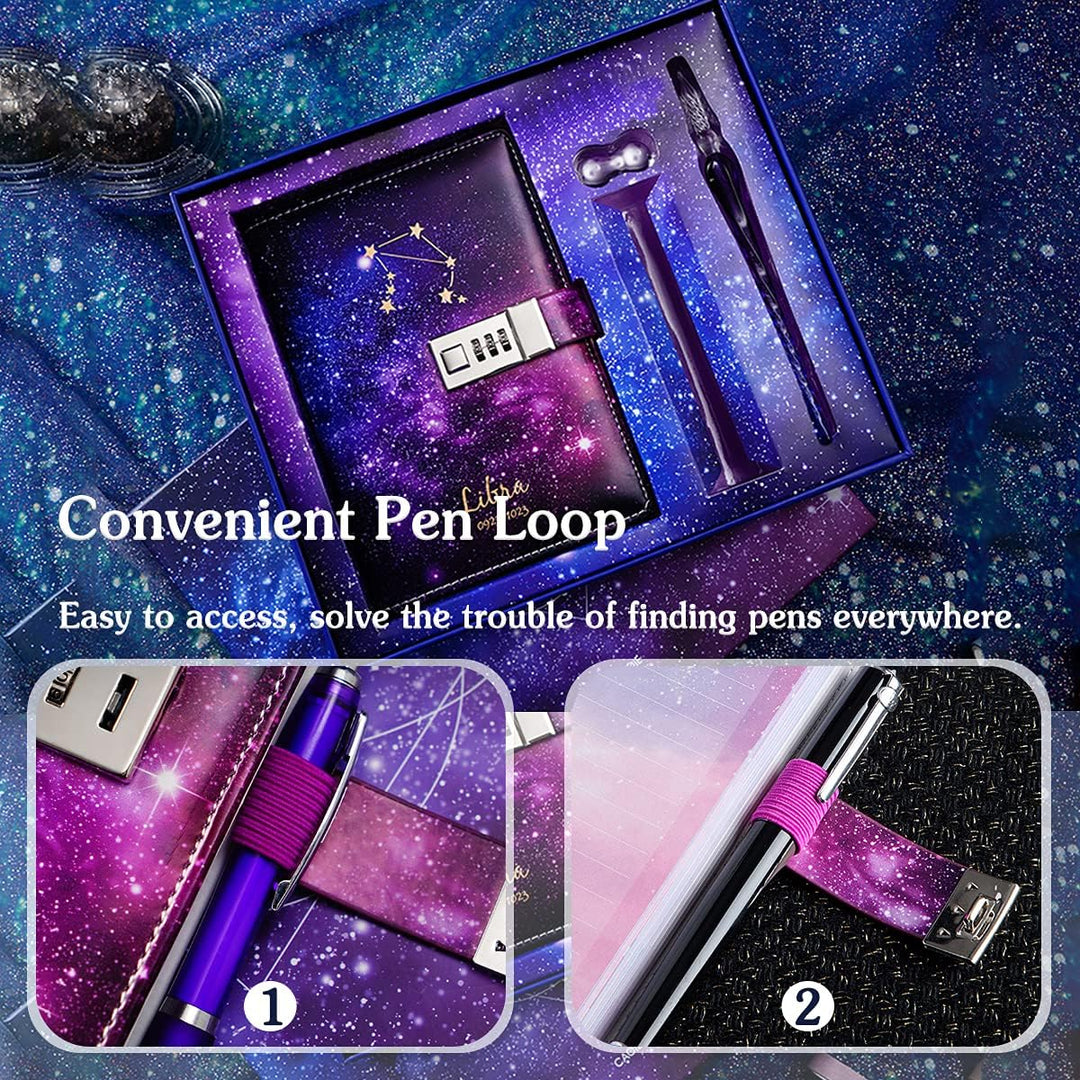 PORRASSO B6 Passwort Tagebücher Set PU Notizbuch Mädchen Glasstift Stifthalter Konstellation Diary B