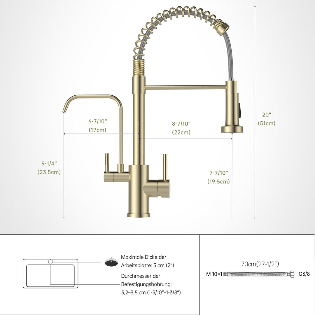 3 Wege Wasserhahn Küche, Gold Gebürstet 3 in 1 Wasserhahn Küche Ausziehbar | 360° Drehung Wasserhahn