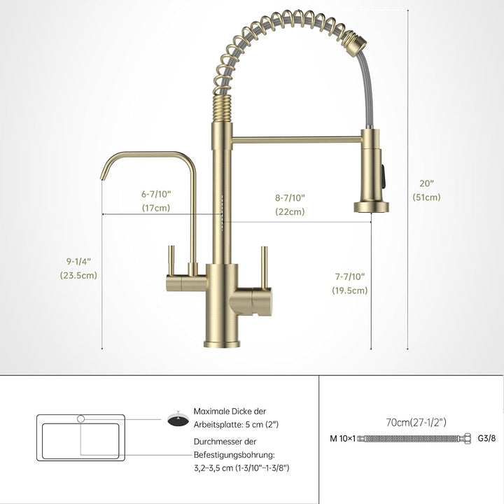 3 Wege Wasserhahn Küche, Gold Gebürstet 3 in 1 Wasserhahn Küche Ausziehbar | 360° Drehung Wasserhahn