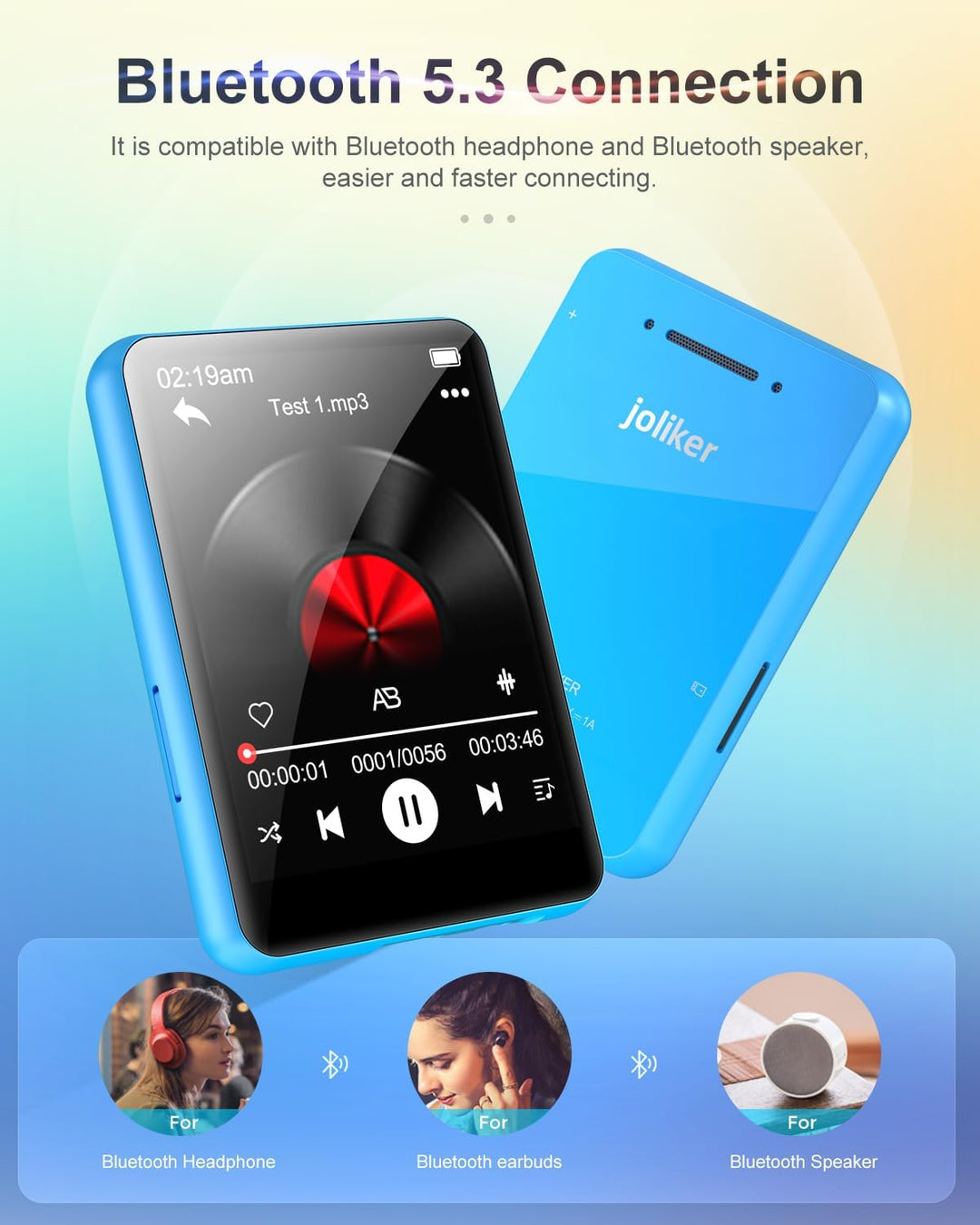 64GB MP3-Player mit Bluetooth 5.0, joliker Tragbarer HiFi-Sound Musik Player, 2,4 Zoll Farbbildschir