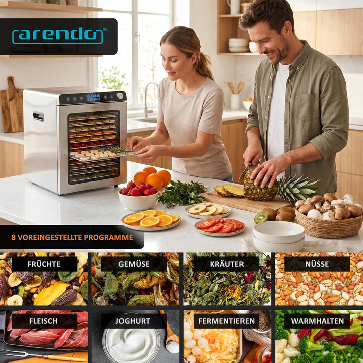 Arendo - Dörrautomat Edelstahl mit 16 Edelstahlgitter - 1000 Watt - 13400 cm² - 8 Programme - Dörrge