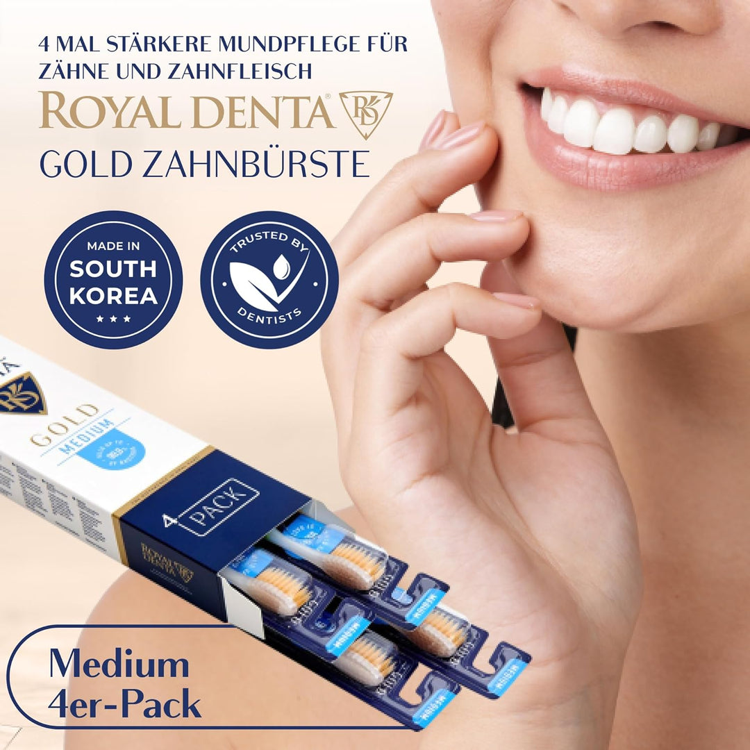 Royal Denta Gold Medium Zahnbürsten 4er-Pack - Doppellänge Borsten für Interdentalreinigung, Goldpar