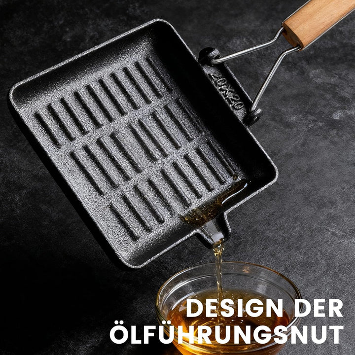 Steakpfanne Gusseisen Grillpfanne Klappbarer Holzgriff: 20×20cm Grill Pan Induktion Viereckige Pfann