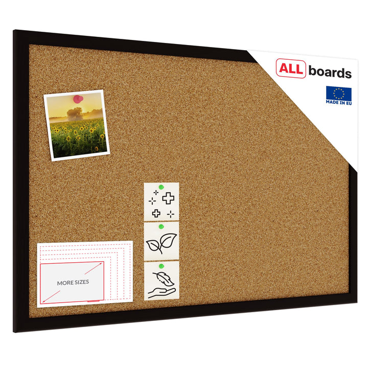 ALLboards Pinnwand mit Schwarzer Holz Rahmen 60x40cm Korktafel Korkwand Pinnwand Kork Farbiger Natur