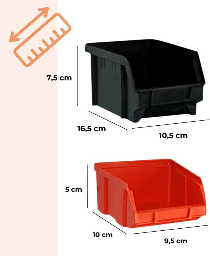 ORDER Werkstatt Wandregal-Set, 30 Stapelboxen in Rot/Schwarz, Hängeorganizer mit Sortierboxen, 64x2x
