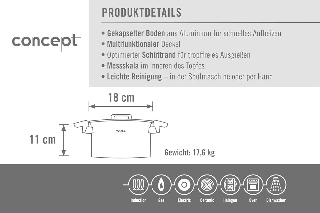 Woll Concept Kochtopf mit Deckel - Induktiv -, Ø 18 cm, 10 cm hoch, 2,5l - Geeignet für alle Herdart