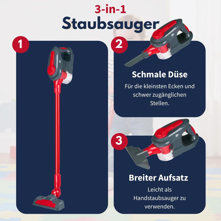 Dirt Devil Spielzeug Staubsauger 3-in-1 - Kinderstaubsauger mit 2 Aufsätzen - Funktionierende Saugfu