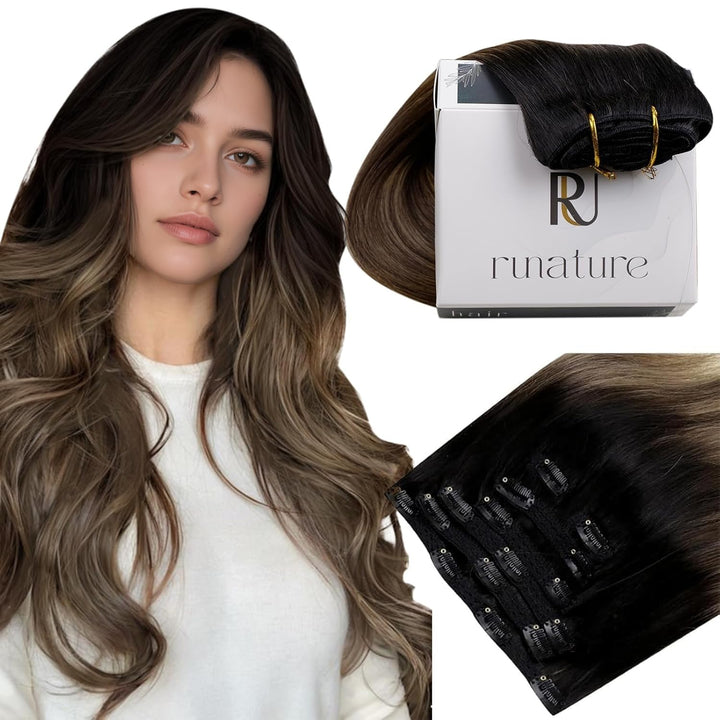 RUNATURE Echthaar Extensions Clip Schwarz Balayage 35cm 7pcs Ombre Glatt Echte Haare 120g #1b/4/27 #