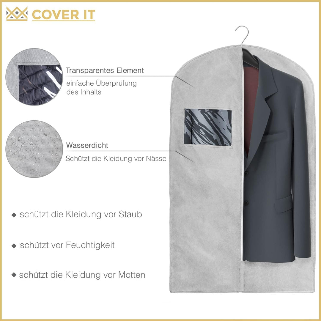 COVER IT Kleidersack Lang mit Reissverschluss für Reisen 100x60cm Grau 5er Set Kleiderhülle für Anzu