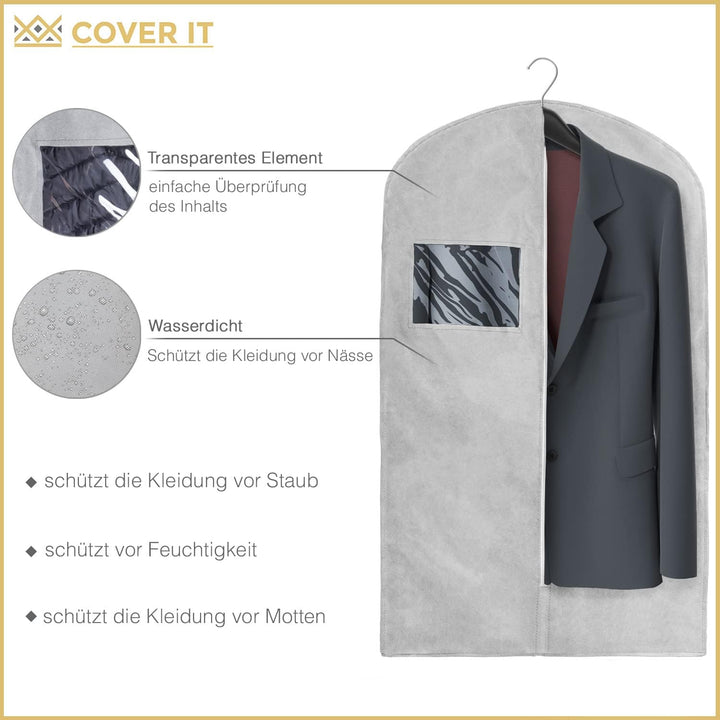 COVER IT Kleidersack Lang mit Reissverschluss für Reisen 100x60cm Grau 5er Set Kleiderhülle für Anzu