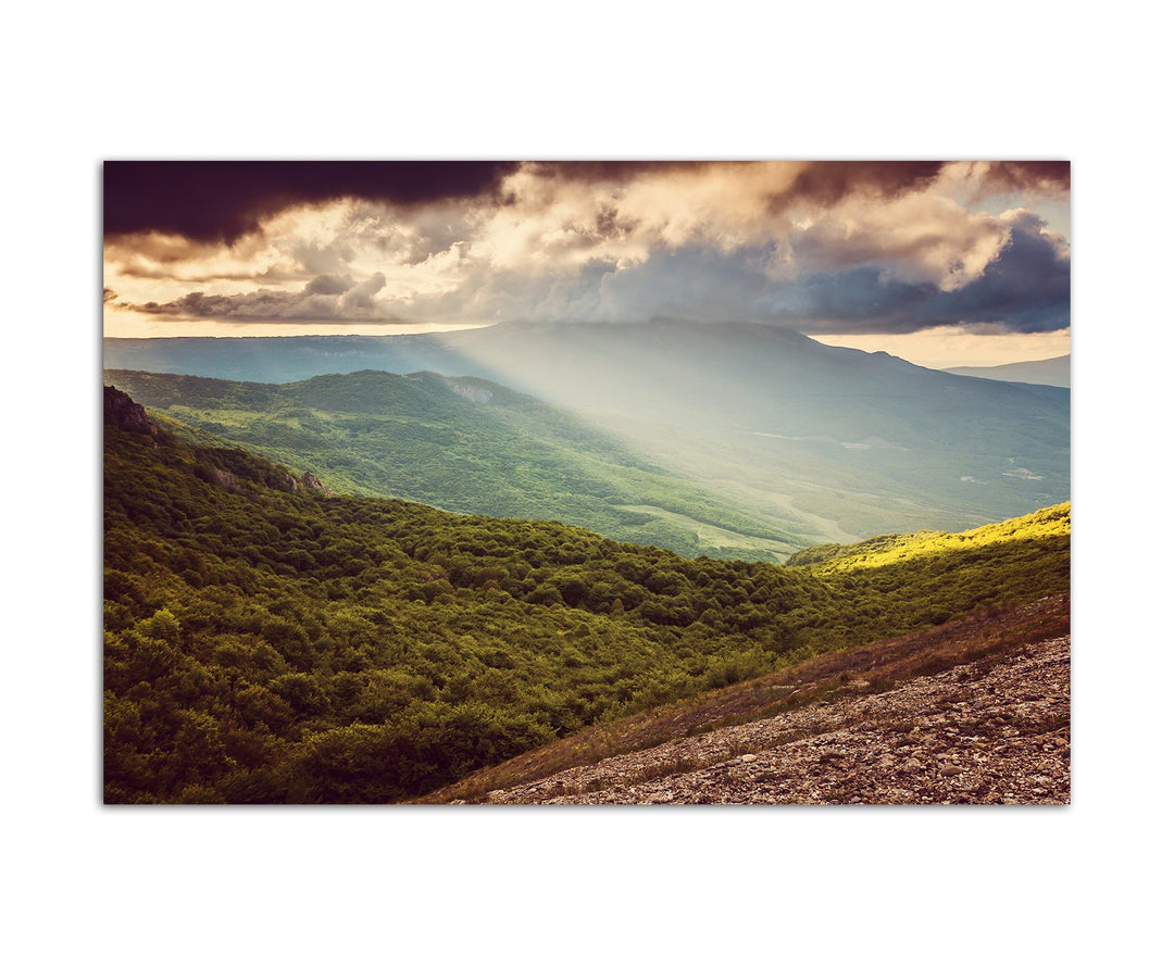 Paul Sinus Art 120x80cm - WANDBILD Landschaft Berge Wiesen Krim Wolken - Leinwandbild auf Keilrahmen