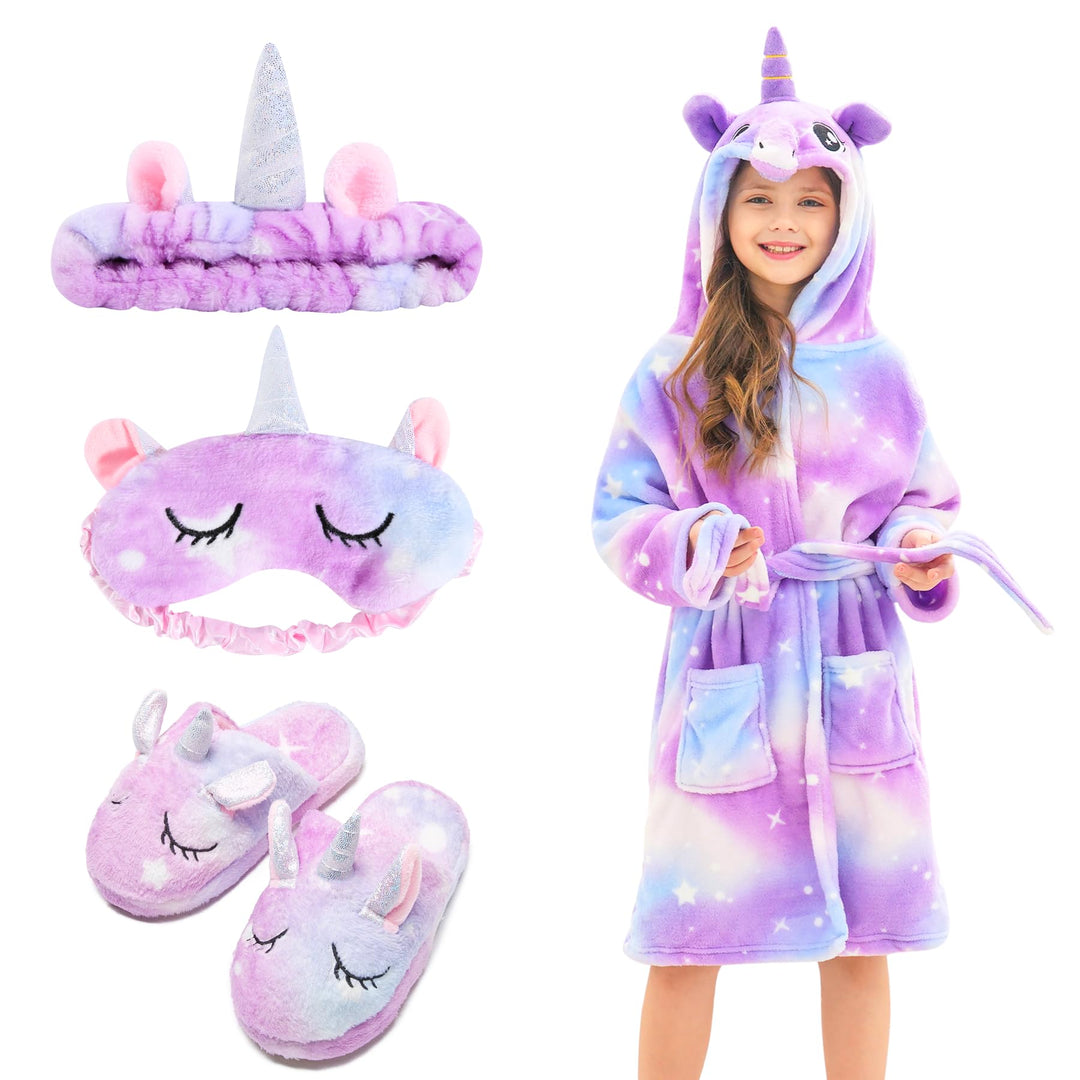 Weicher Einhorn-Bademantel mit Kapuze für Mädchen mit Einhorn-Pantoffeln, Augenbinde und Stirnband -