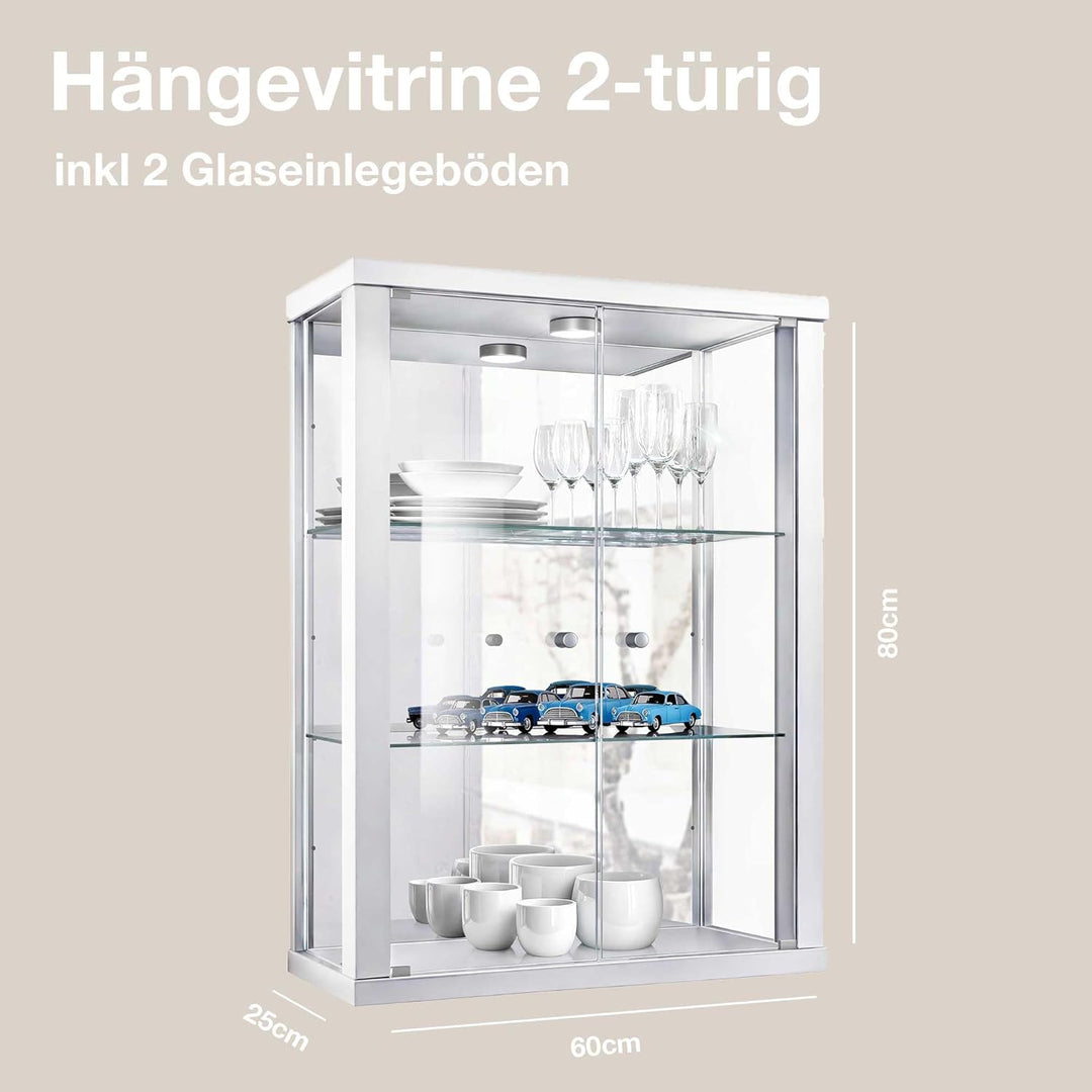 K-Möbel Hängevitrine in Weiss (80x60x25 cm) mit 2 höhenverstellbaren Glasböden & Spiegel - Modellaut