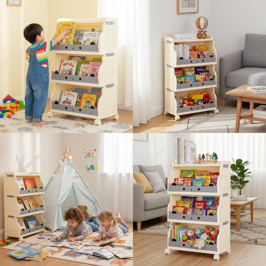 Mobiles Bücherregal Kinder mit Rollen 4 Ebenen Faltbar | Kinderregal Bücherwagen Spielzeug Regal Kin