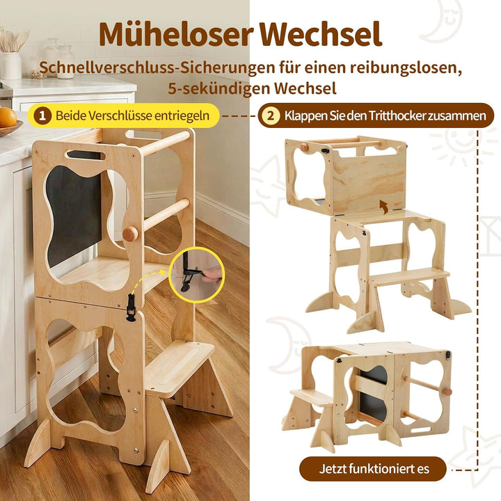 COSYLAND Montessori Lernturm Kinder ab 1 Jahr, klappbarer Lernturm 3 in 1 mit Tafel, Learning Tower