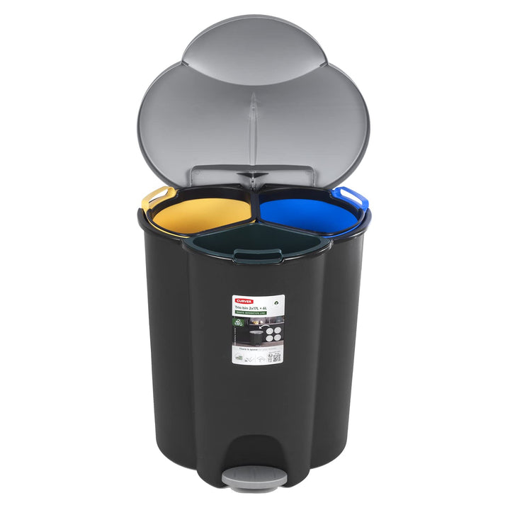 Curver Trio V2 Abfalleimer 40L Treteimer Müllsortierung 3 Fächer Mülltrennsystem Abfalltrennsystem 3