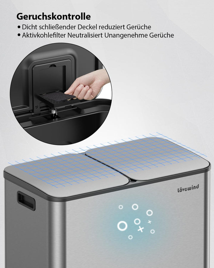 lovewind Mülleimer, 2 x 40L Mülleimer Küche, Doppeleimer für Recycling und Abfall, Silber, Mülleimer