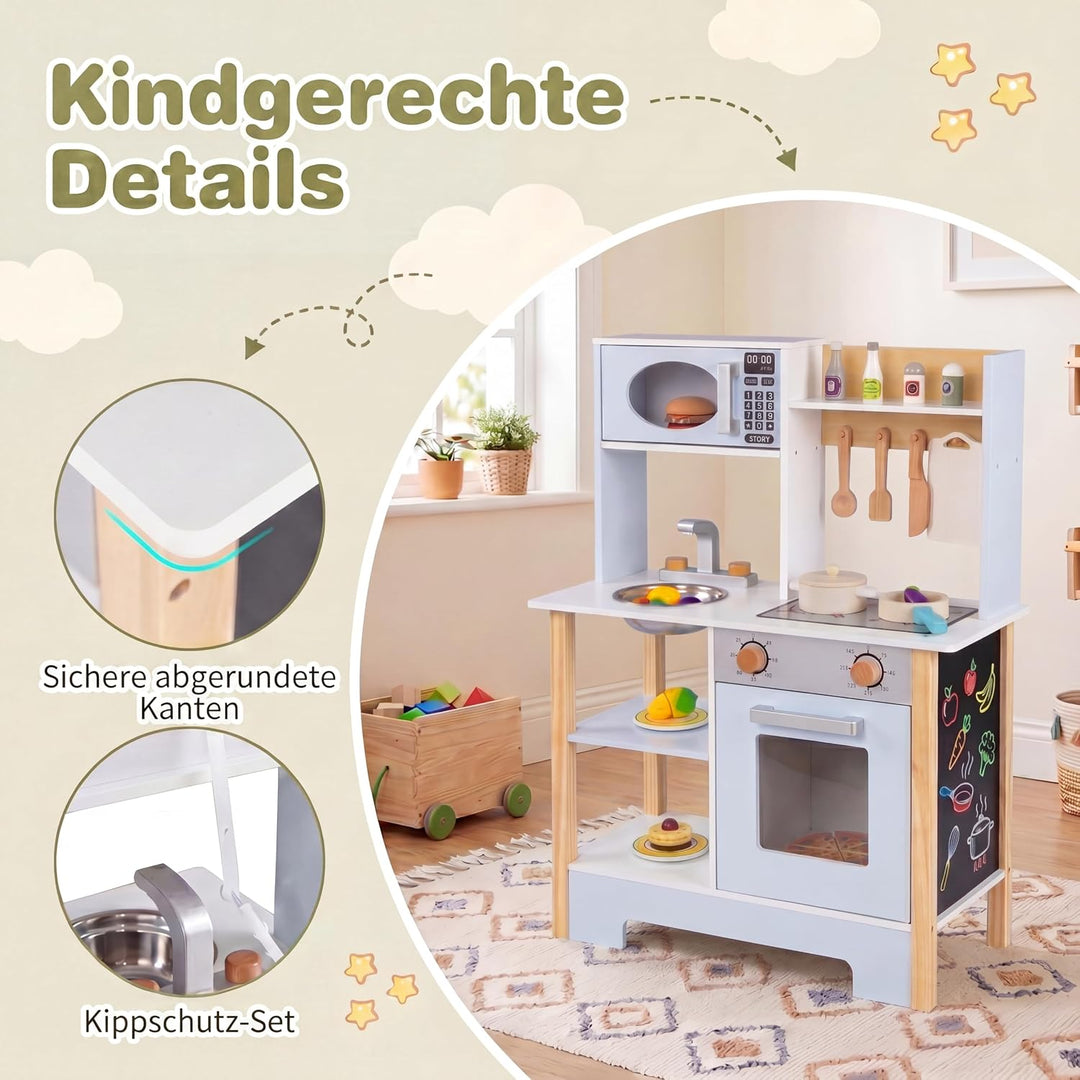 DREAMADE Kinderküche Holz, Spielküche mit 13 Zubehör | kinder küche mit Tafel, Mikrowelle, Ofen, Spü