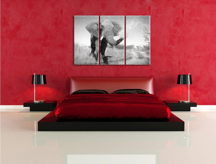 Pixxprint Elefant spritzt mit Wasser als Leinwandbild/Grösse: 3 Teilig (120x80 cm) cm/Wandbild/Kunst