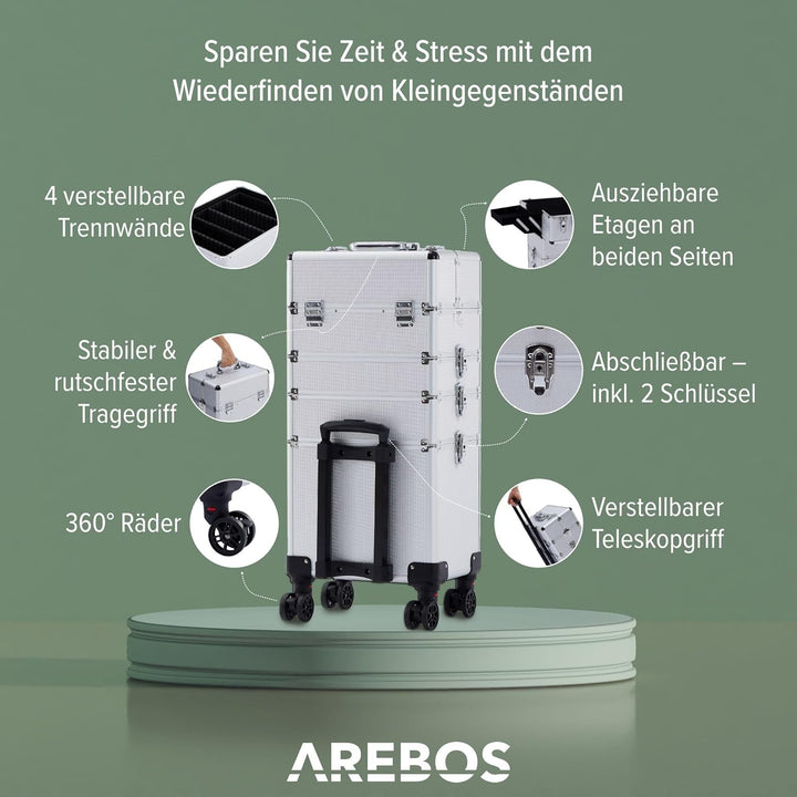 Arebos 4-in-1 Kosmetikkoffer | 4 Fächer & 1 Schublade | Teleskop- und Tragegriff | 8 Schlösser | 4X