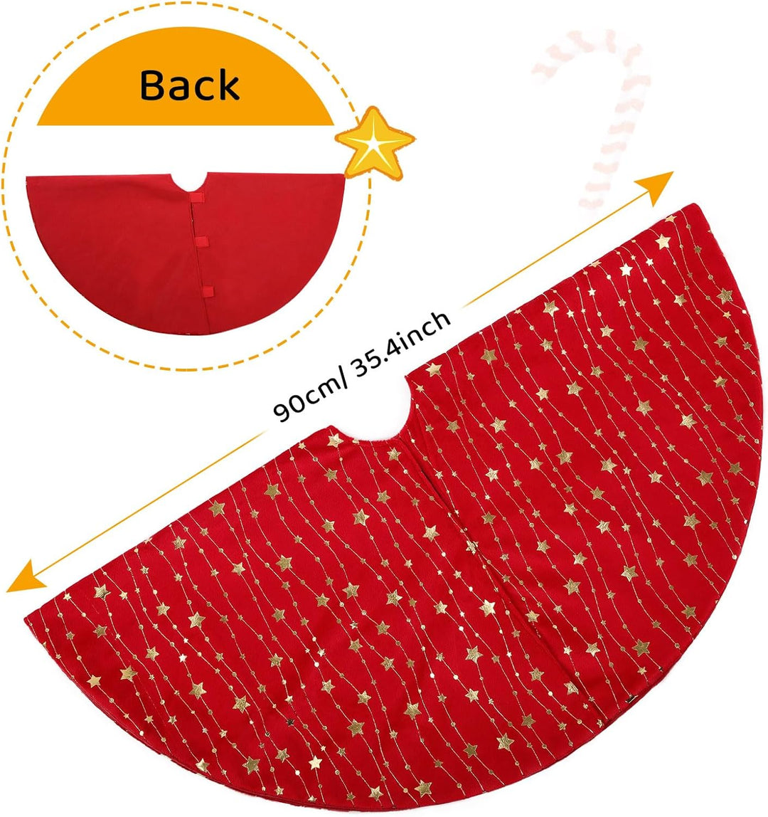 KONVINIT Weihnachtsbaumdecke Rund Rot Plüsch Christmasbaumdecke mit Sternen Weihnachtsbaum Rock aus