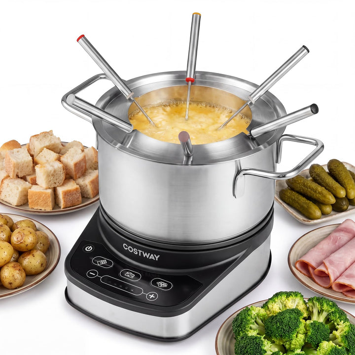 COSTWAY Elektrisches Fondue Set, 1200W Fondueset mit abnehmbarem 3L Edelstahltopf, 6 farblich markie