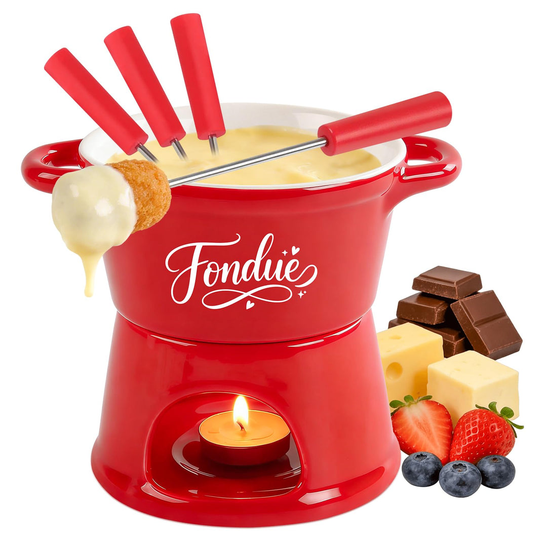 Yoassi Keramik Käsefondue Set, Mini Schokoladenfondue Tasse, Käsebecher mit 4 Gabeln, zum Schmelzen