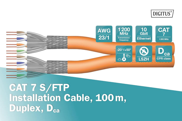 DIGITUS Netzwerkkabel Cat 7 – 100 m – S/FTP Duplex – BauPVO Dca | LSZH Halogenfrei – AWG 23/1 – PoE+