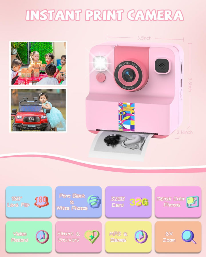 Kinder Sofortbildkamera, 1080p Sofortdruck Kamera für Kinder, 180° drehbares Selfie Objektiv mit 32G