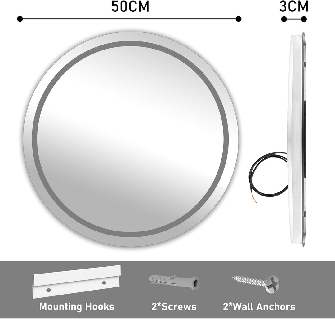Bluetooth Badezimmerspiegel mit Beleuchtung, 50cm Runder Spiegel mit Beleuchtung, Wandspiegel mit Fr