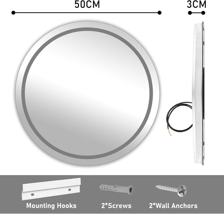 Bluetooth Badezimmerspiegel mit Beleuchtung, 50cm Runder Spiegel mit Beleuchtung, Wandspiegel mit Fr