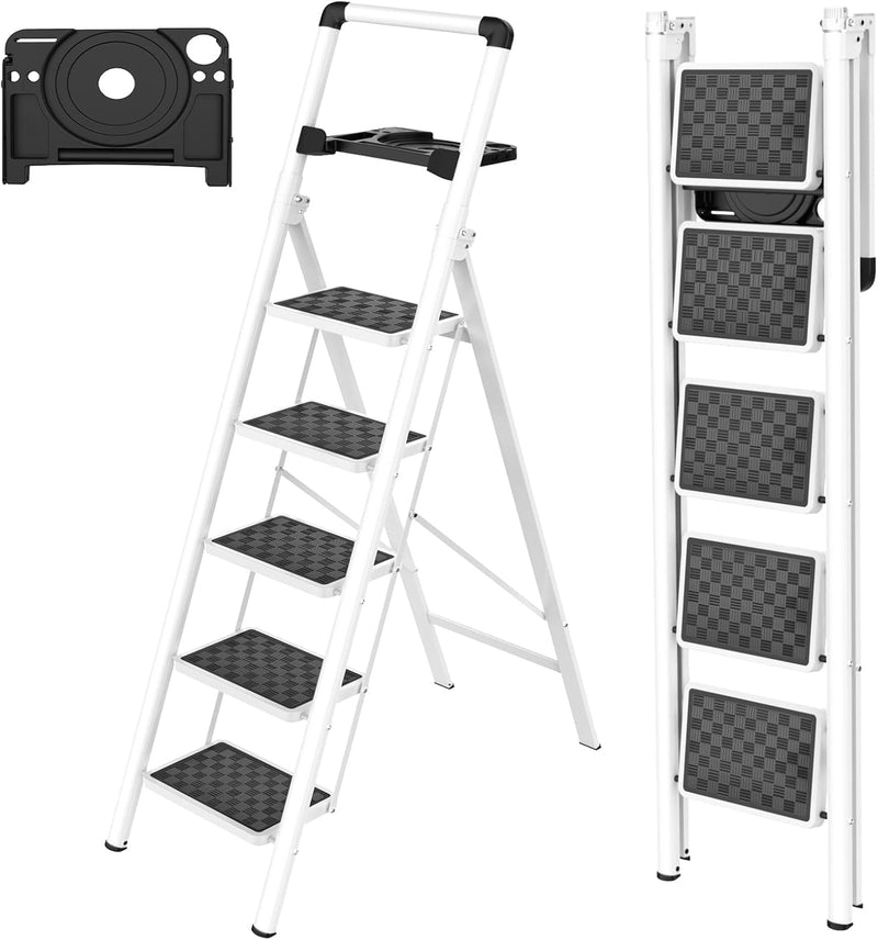 HBTower Trittleiter 5 Stufen Klappbar, Leiter 5 Stufen,stufenleiter,Leiter mit breitem Anti-Rutsch-P