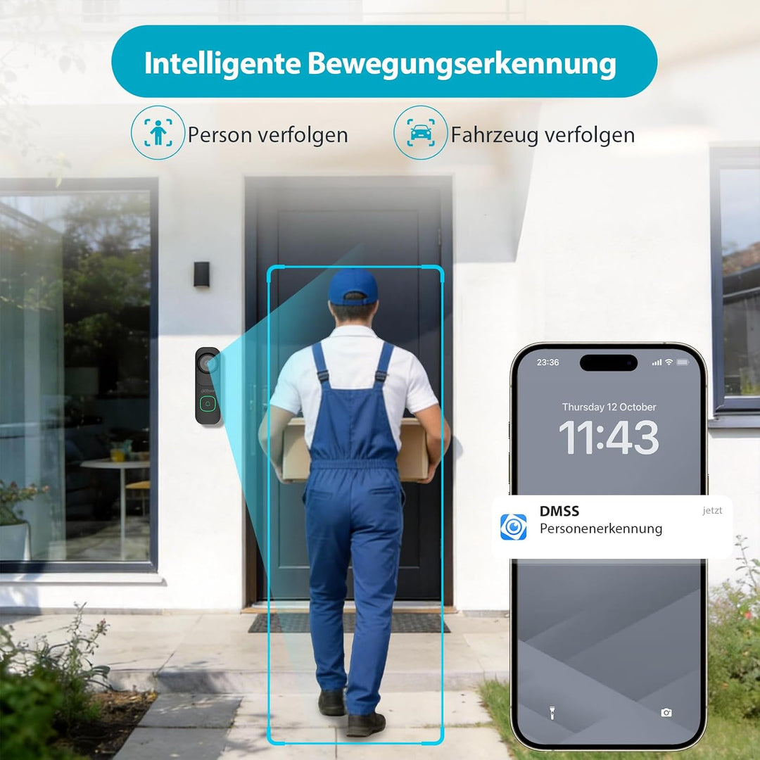 Dahua Video-Türklingel Mit Chime - 2K WLAN Türklingel mit Kamera | 4MP, 120° Weitwinkel, KI-Erkennun
