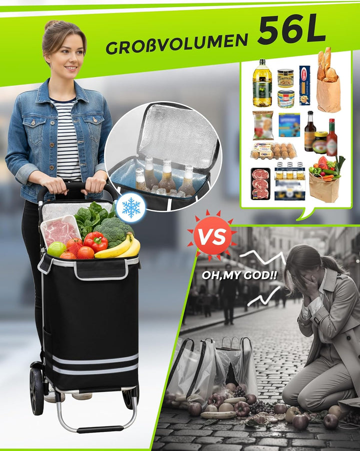 Oak & Tea Einkaufstrolley 3 IN 1 Klappbar, Leicht & Robust (50kg Traglast, 56L) mit 2 Rädern & Verst