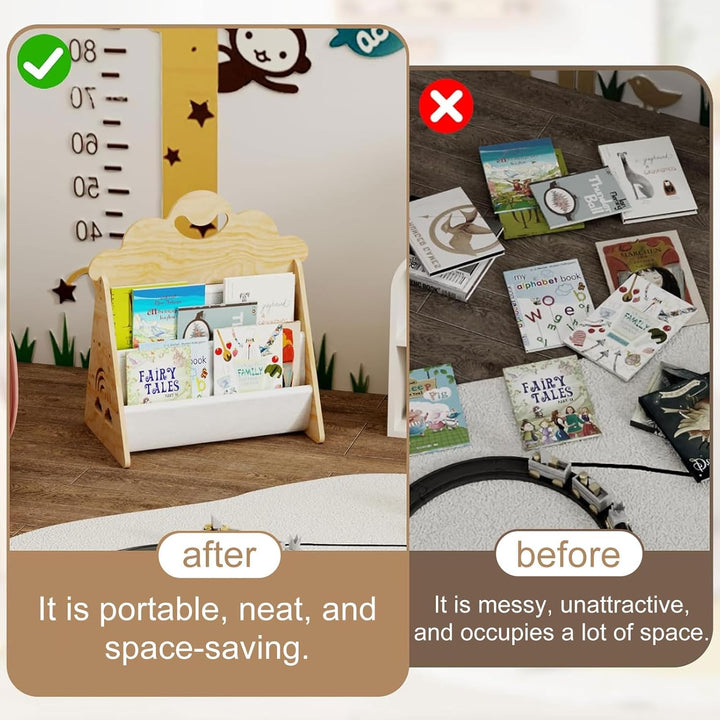 Montessori Kinder Bücherregal Holz, Offenes Frontbücherregal für Kinderzimmer & Leseecke, Tragbare B